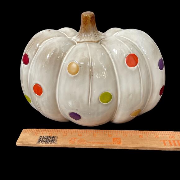 Ceramic Polka Dot Pumpkin White Multi Color Decor Fall Halloween Autumn READ - Picture 2 of 15